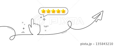 Hand Click line icon. Continuous line with share plane. Finger touch sign. Cursor pointer symbol. Five star rate review in speech bubble. Hand click single line ribbon. Loop curve pattern. Vector Hand Click line icon. Continuous line with share plane. Finger touch sign. Cursor pointer symbol. Five star rate review in speech bubble. Hand click single line ribbon. Loop curve pattern. Vector 135843210