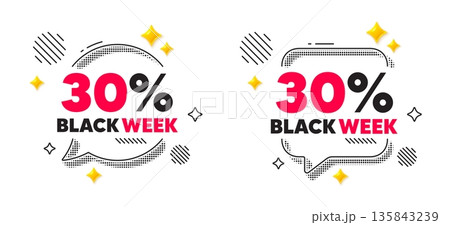 Black week chat speech bubble. Social media concept. Black week 30 percent sale. Special discount sign. Black friday offer symbol. 3d flare stars chat bubble. Vector Black week chat speech bubble. Social media concept. Black week 30 percent sale. Special discount sign. Black friday offer symbol. 3d flare stars chat bubble. Vector 135843239