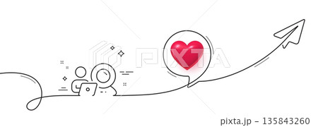 Video conference line icon. Continuous line with share plane. Online training sign. Webcam presentation symbol. 3d heart in speech bubble. Video conference single line ribbon. Vector Video conference line icon. Continuous line with share plane. Online training sign. Webcam presentation symbol. 3d heart in speech bubble. Video conference single line ribbon. Vector 135843260