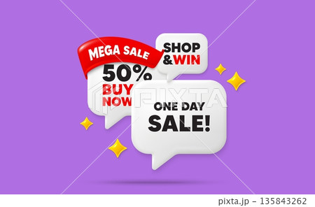 One day speech bubbles. Mega sale flag ribbon. One day sale tag. Special offer price sign. Advertising Discounts symbol. Discount chat bubbles with 3d sparkles. Vector 135843262