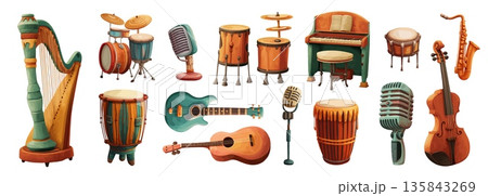 musical instruments retro set. Harp drums guitar piano microphone violin trumpet cartoon, music performance orchestra concert vector illustration 135843269