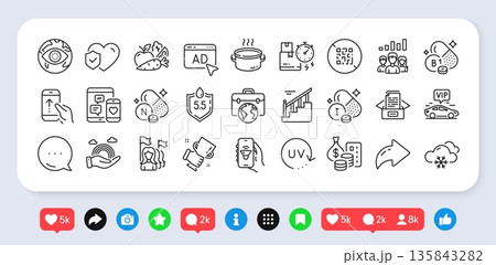 Uv protection, Iodine mineral and Music app line icons pack. Social media: share, comment, like icons. Ad, Delivery time, Stairs web icon. Ph neutral, Cyber attack, Thiamine vitamin pictogram. Vector 135843282