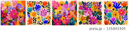 Flower print flat. Floral pattern set, spring summer card with chamomile cornflower pink orange blue violet design vector illustration 135843305