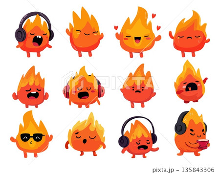 Fire sticker set. Fiery funny character, emotion face music headphones dancing song hot red symbol vector illustration 135843306