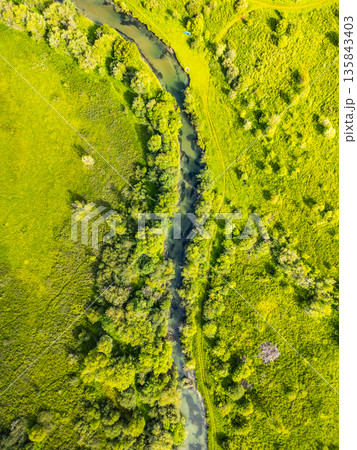 Aerial view captures the tranquil river meandering through the vibrant green valley, with surrounding trees and rolling hills in the beautiful landscape of the Alps. 135843403