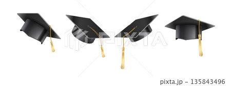 Set of vector realistic mortar hats. Graduation cap of a student with multi-colored tassels. Black hat at graduation at the university. Symbol of academic education, university headdress Set of vector realistic mortar hats. Graduation cap of a student with multi-colored tassels. Black hat at graduation at the university. Symbol of academic education, university headdress 135843496