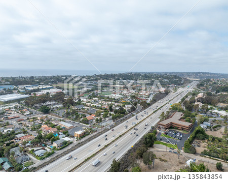 Aerial view of traffic on a highway with a lot of cars in San Diego 135843854