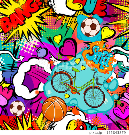Seamless graffiti sports background . Hand drawn. Not AI, vector illustration. Seamless graffiti sports background . Hand drawn. Not AI, vector illustration. 135843879