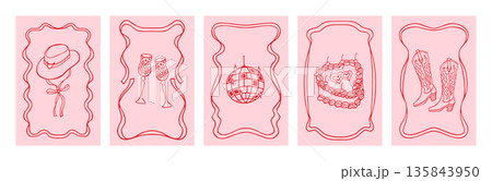 Hand Drawn Whimsical Vertical Greeting Card Templates Doodle Elements Frames Cowboy Coquette Charm 135843950