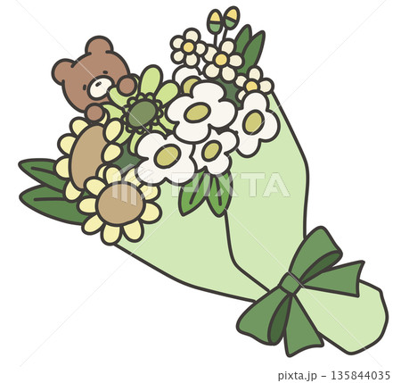 緑の花束とクマのぬいぐるみのイラスト 135844035