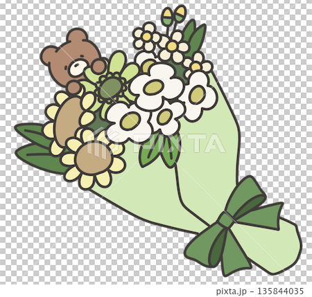緑の花束とクマのぬいぐるみのイラスト 135844035
