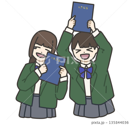 青い卒業証書を持って楽しそうにポーズをとる、緑の制服の女子高校生のイラスト 青い卒業証書を持って楽しそうにポーズをとる、緑の制服の女子高校生のイラスト 135844036