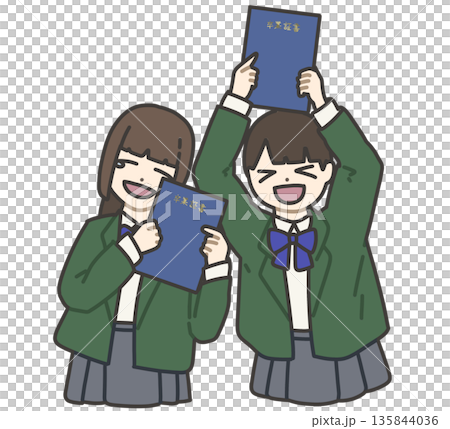 青い卒業証書を持って楽しそうにポーズをとる、緑の制服の女子高校生のイラスト 青い卒業証書を持って楽しそうにポーズをとる、緑の制服の女子高校生のイラスト 135844036