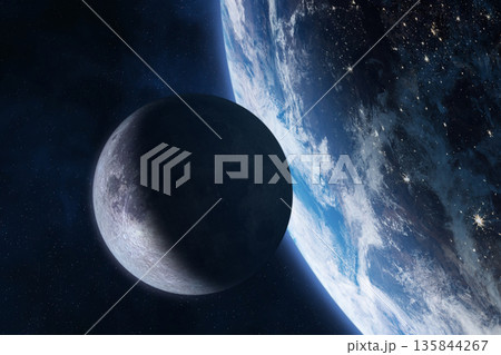 Moon and Earth at Night Seen from Space. 135844267