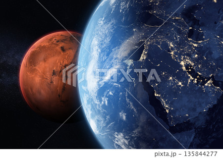 Earth and Mars. Solar system planets. Mars mission concept. Earth and Mars. Solar system planets. Mars mission concept. 135844277