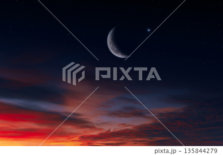 Moon and star in the night sky, islamic night, sunset. Ramadan. 135844279