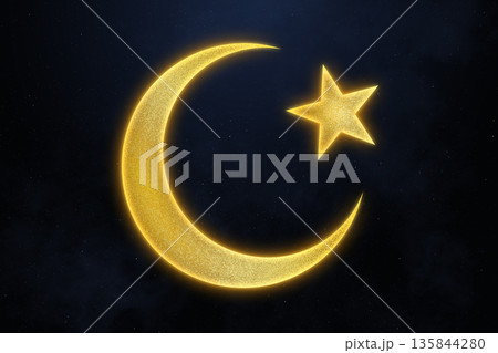 Crescent and Star in space. Universe of Islam. Ramadan. 135844280