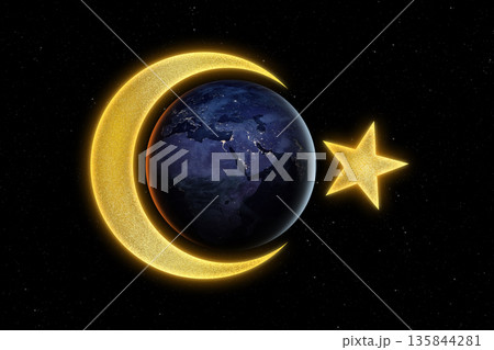 Earth in space with Crescent and Star. Symbol of Islam. Ramadan. 135844281