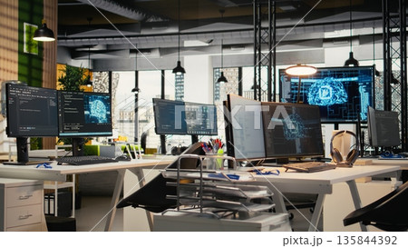 PC monitors on startup office desk showing artificial intelligence neural networks. Computers in company workspace used for AI deep learning software code testing and quality assurance PC monitors on startup office desk showing artificial intelligence neural networks. Computers in company workspace used for AI deep learning software code testing and quality assurance 135844392