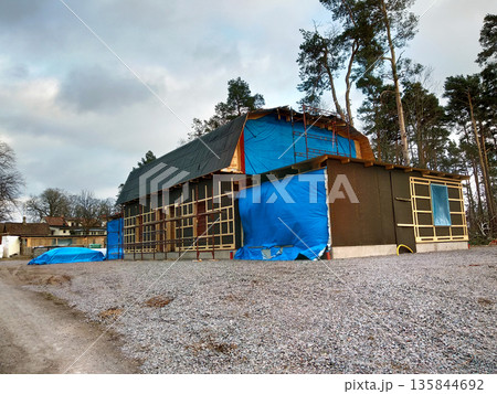 Wooden barn of house under renovation work. 135844692