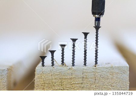 Screwdriver and some screws on blurred background close-up. Positive graph made of screws as bar charts on board background 135844719
