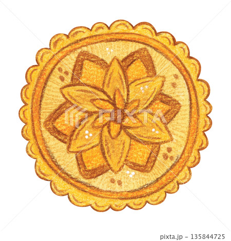 Round mooncake, a treat. Hand-drawn watercolor illustration, cartoon. Design for stickers, scrapbooking, and cards. Holiday, element, food, legend, Asia, China, symbol, Mid-Autumn Festival 135844725