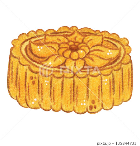 Mooncake, a treat. Hand-drawn watercolor illustration, cartoon. Design for stickers, scrapbooking, cards. Holiday, element, food, legend, Asia, China, symbol, Mid-Autumn Festival 135844733