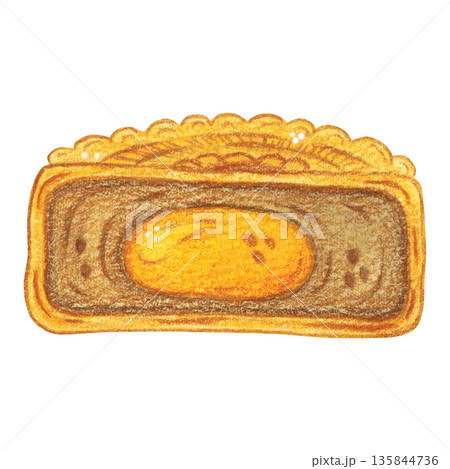 Mooncake cross-section, a treat. Hand-drawn watercolor illustration, cartoon. Design for stickers, scrapbooking, and cards. Holiday, element, food, legend, Asia, China, symbol, Mid-Autumn Festival 135844736