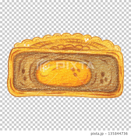 Mooncake cross-section, a treat. Hand-drawn watercolor illustration, cartoon. Design for stickers, scrapbooking, and cards. Holiday, element, food, legend, Asia, China, symbol, Mid-Autumn Festival 135844736