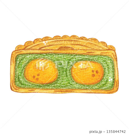 Mooncake cross-section, treat, sweet. Hand-drawn watercolor illustration, cartoon. Design for stickers, scrapbooking, cards. Holiday, element, food, legend, Asia, China, symbol, Mid-Autumn Festival 135844742