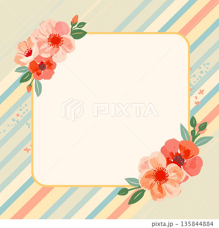 昭和レトロポップな花のフレーム背景素材 ストライプ 昭和レトロポップな花のフレーム背景素材 ストライプ 135844884