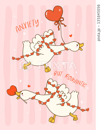 Cute silly goose valentine set, anxeity running with heart garland hand drawn cartoon suitable for shirts sublimation and greeting cards Cute silly goose valentine set, anxeity running with heart garland hand drawn cartoon suitable for shirts sublimation and greeting cards 135845056