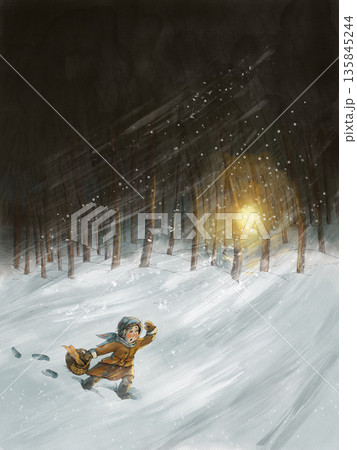 Girl Running Through Snowy Forest Towards Light 135845244