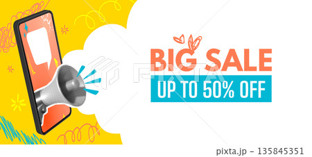 Big Sale Promotion Banner with Smartphone Megaphone, Pop Art Doodles and Cloud Shape. Modern E Commerce Advertising Template for Online Shopping and Marketing Campaigns. Vector Illustration 135845351