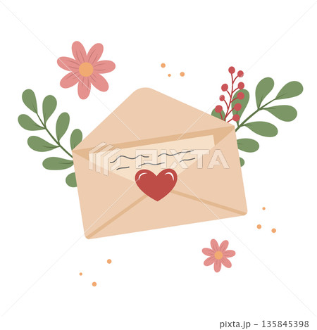 Romantic open love letter envelope with heart seal and floral decorations. Romance Romantic open love letter envelope with heart seal and floral decorations. Romance 135845398