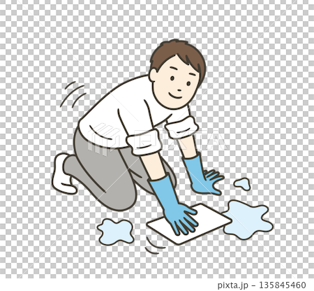 床を雑巾で拭くゴム手袋をつけた男性のイラスト 床を雑巾で拭くゴム手袋をつけた男性のイラスト 135845460