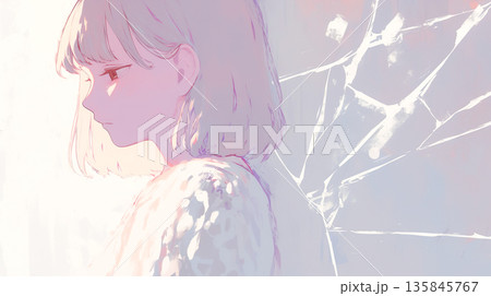 抽象的なひびの入った背景に悲しげにうつむく少女の横顔のイラスト 135845767