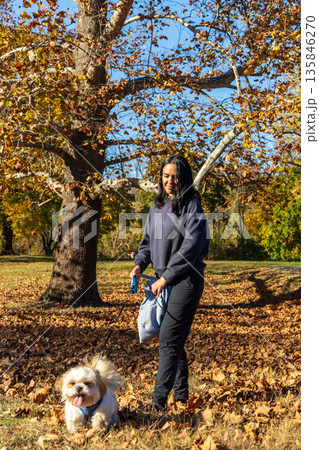 A woman is walking her dog in a park with leaves on the ground 135846270