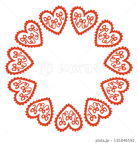 Whimsical vector illustration of a circular frame made of decorative folk style hearts. Cute hand drawn doodle design in red and white, perfect for Valentines Day cards, invitations, posters. 135846592
