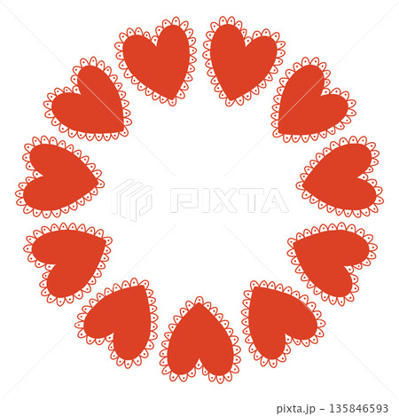 Whimsical vector illustration of a circular frame made of decorative folk style hearts. Cute hand drawn doodle design in red and white, perfect for Valentines Day cards, invitations, posters. 135846593