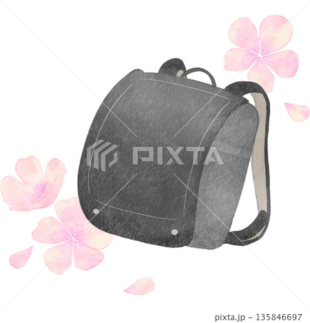 水彩風で描いた黒のランドセルのイラスト｜ランドセル, 学校, 入学, 新学期 135846697