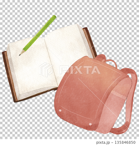 水彩插畫：紅色書包、筆記本和鉛筆 | 為入學、新學期和校園生活做準備 135846850