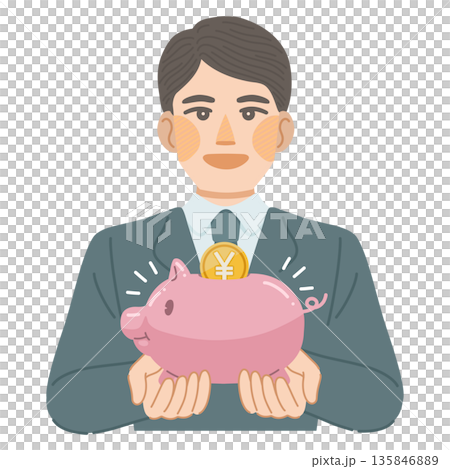 豚の貯金箱を笑顔で持つ、スーツ姿の男性のイラスト 豚の貯金箱を笑顔で持つ、スーツ姿の男性のイラスト 135846889