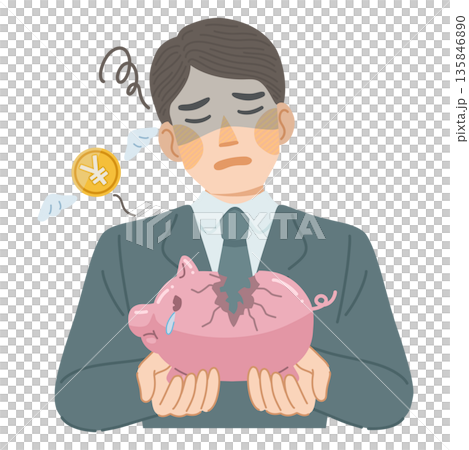 Illustration of a man in a suit sad about the money disappearing from a broken piggy bank Illustration of a man in a suit sad about the money disappearing from a broken piggy bank 135846890