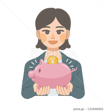豚の貯金箱を笑顔で持つ、スーツ姿の女性のイラスト 豚の貯金箱を笑顔で持つ、スーツ姿の女性のイラスト 135846893