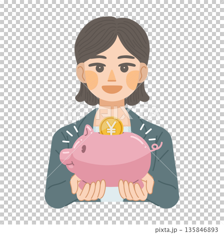 豚の貯金箱を笑顔で持つ、スーツ姿の女性のイラスト 豚の貯金箱を笑顔で持つ、スーツ姿の女性のイラスト 135846893