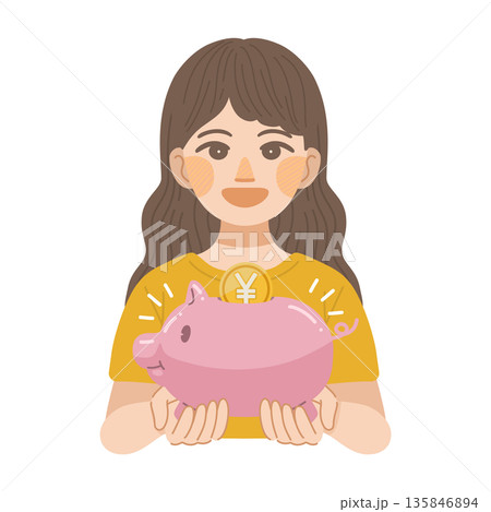 豚の貯金箱を笑顔で持つ、女性のイラスト 135846894