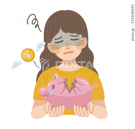 割れた豚の貯金箱から、お金が減っていく事を悲しむ女性のイラスト 135846895