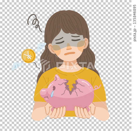 割れた豚の貯金箱から、お金が減っていく事を悲しむ女性のイラスト 135846895