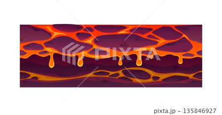 Game ground soil or cartoon vector section of underground with glowing orange lava. Magma streams flowing between dark purple rocks, hot lava ground soil layer or fantasy planet earth for game assets Game ground soil or cartoon vector section of underground with glowing orange lava. Magma streams flowing between dark purple rocks, hot lava ground soil layer or fantasy planet earth for game assets 135846927